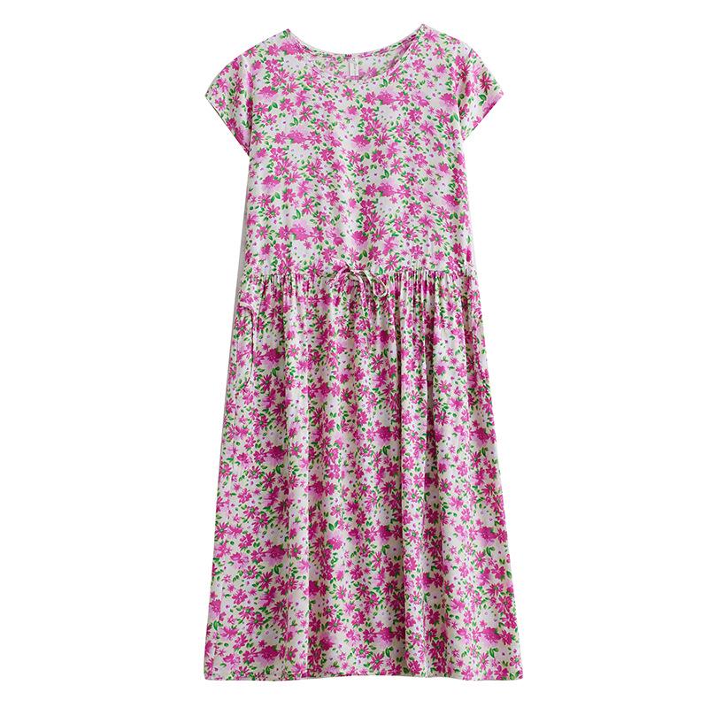 2025 Summer Floral Cotton-Silk A-Line Dress: Women's Short Sleeve, Loose Waist, Slimming Tie Mid-Length