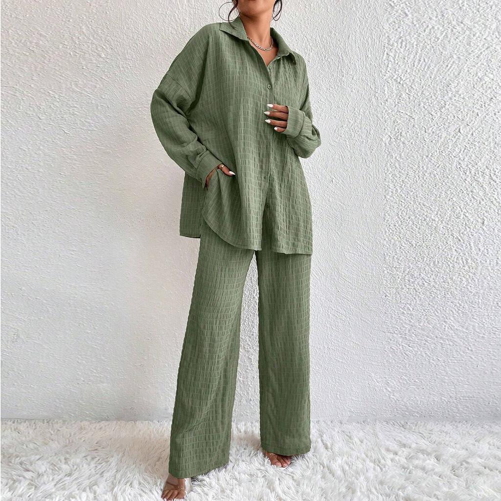 Women's Fashion Solid Color Collar Button Long Sleeve Top Elastic Waist Straight Pants Casual Set