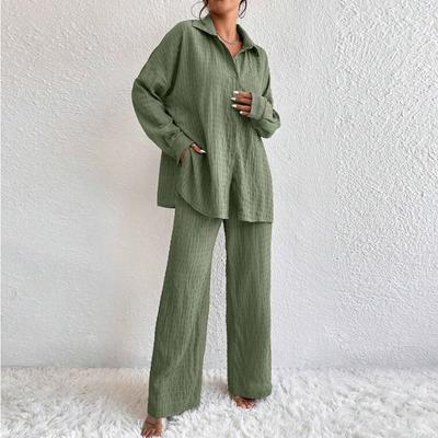 Kadın Modası Düz Renk Yaka Düğmeli Uzun Kollu Üst Elastik Bel Düz Kesim Pantolon Günlük Takım