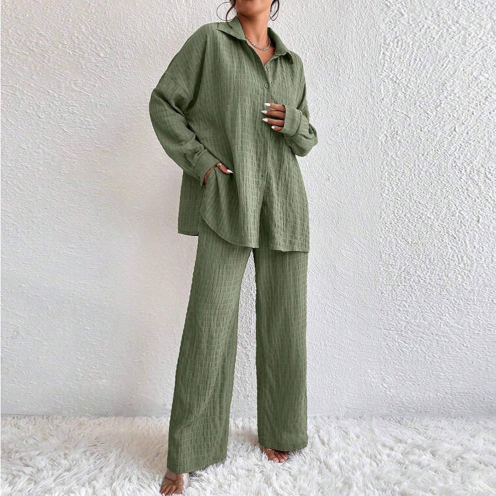 

Женский модный однотонный топ с воротником на пуговицах, длинным рукавом, эластичной талией и прямыми брюками, повседневный комплект S