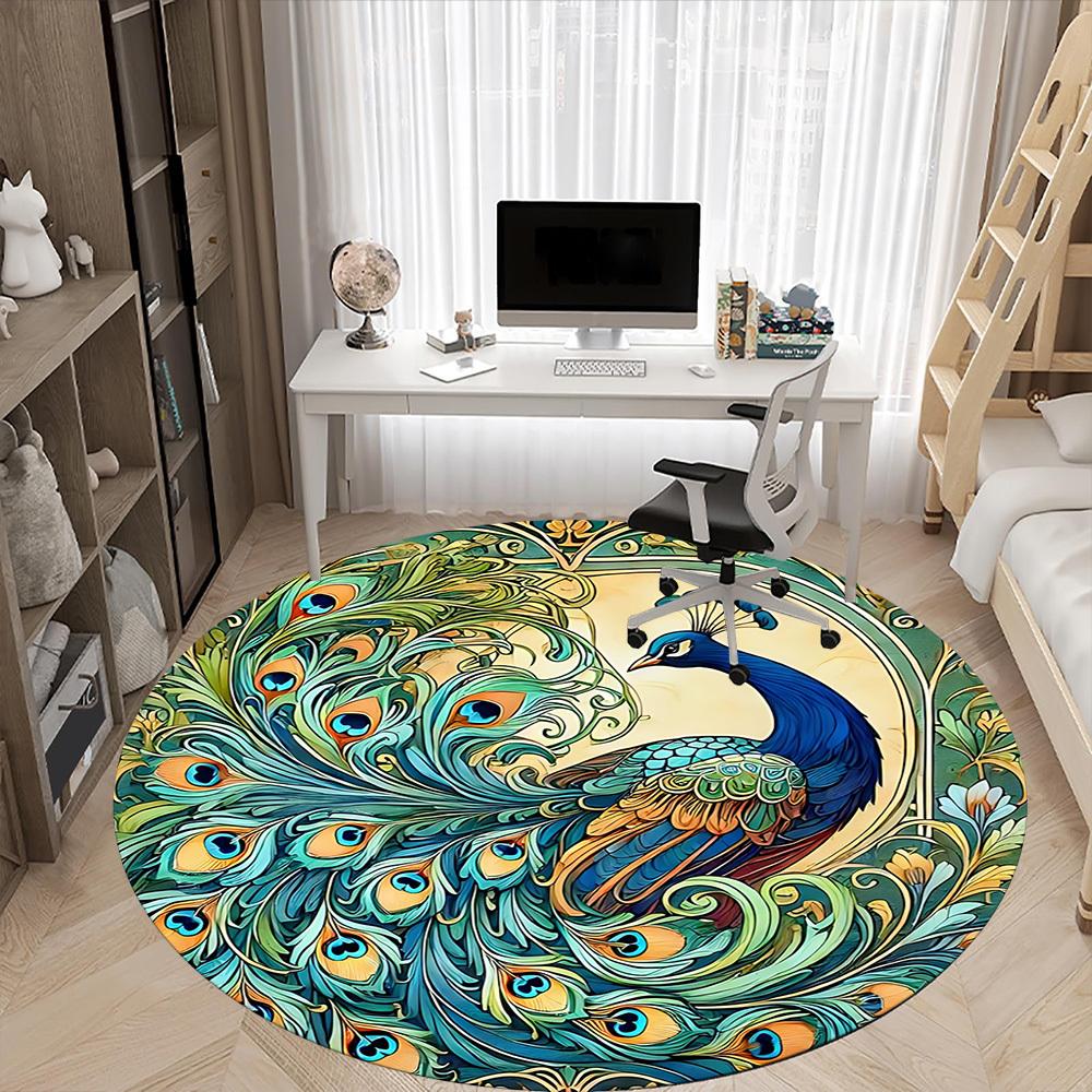 1pc Peacock Feather Office Round Area Rug, Under Office Chairs Bedroom Living Room Home Decor, Room Deco