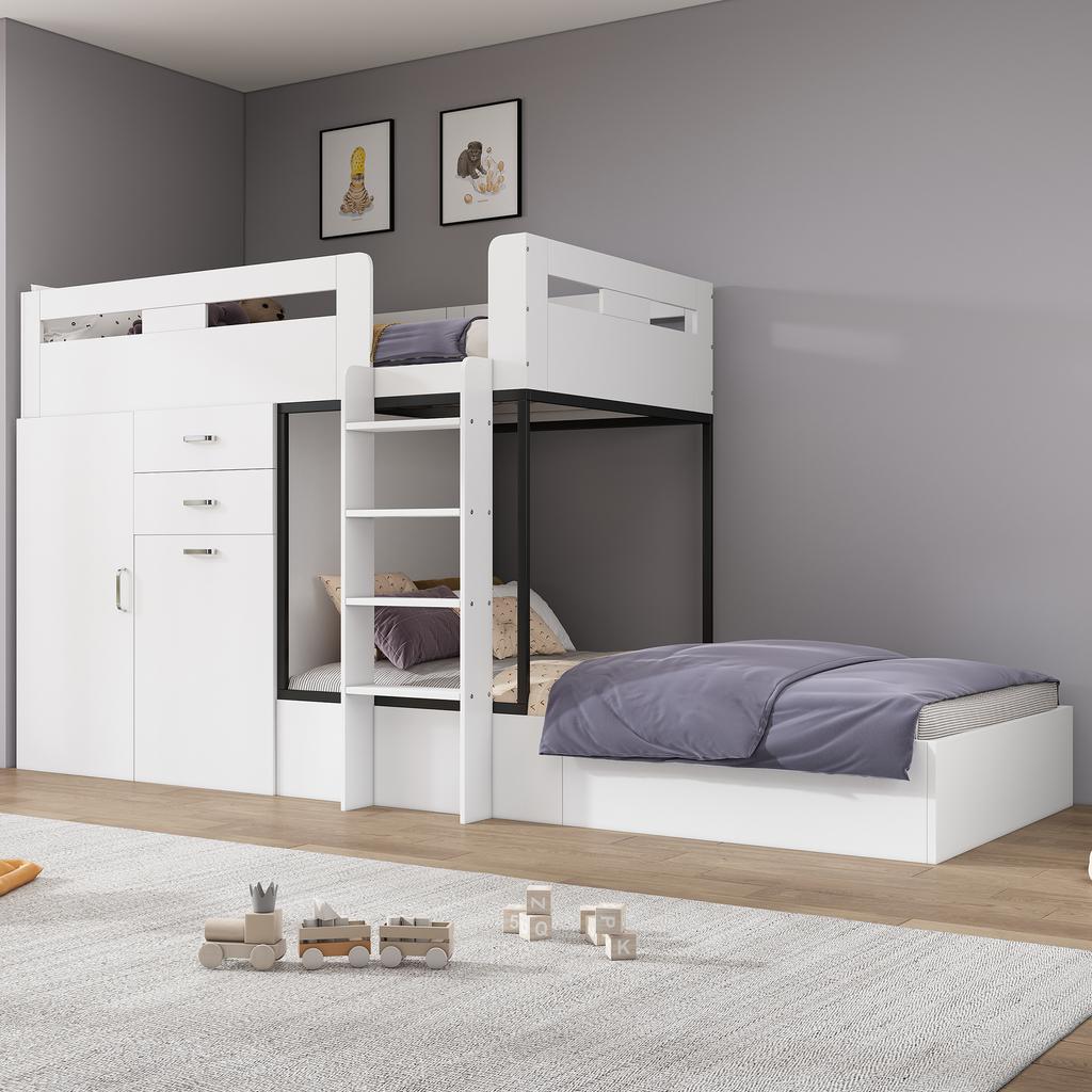 Litera con Escritorio Extraíble y Armario, con Cajón y Estantes y Escalera, sin Colchón, 90*200 cm, Blanco (SKU ANTIGUO:3233289012AAW-1)