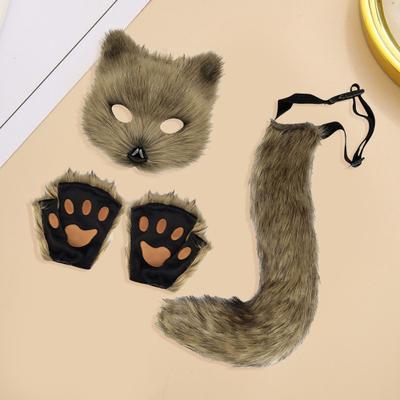 1 Set Cosplay Fake Fox Tail Mittens Masque Set Soft Fuzzy Plush Adjustable Waist Circumference Performance Club Costumes Prop Artificial Tail