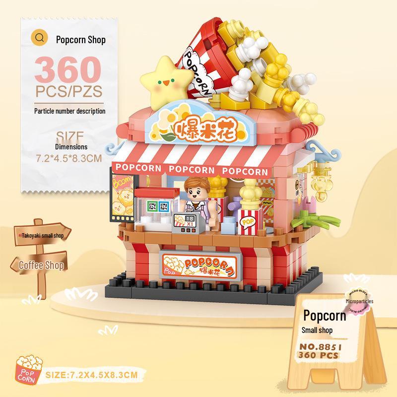 LOZ Micro Diamond Building Blocks: Food Street Scene - Popcorn & Takoyaki Shop Assembly Toy (Model 8851-8853) for School Gift.