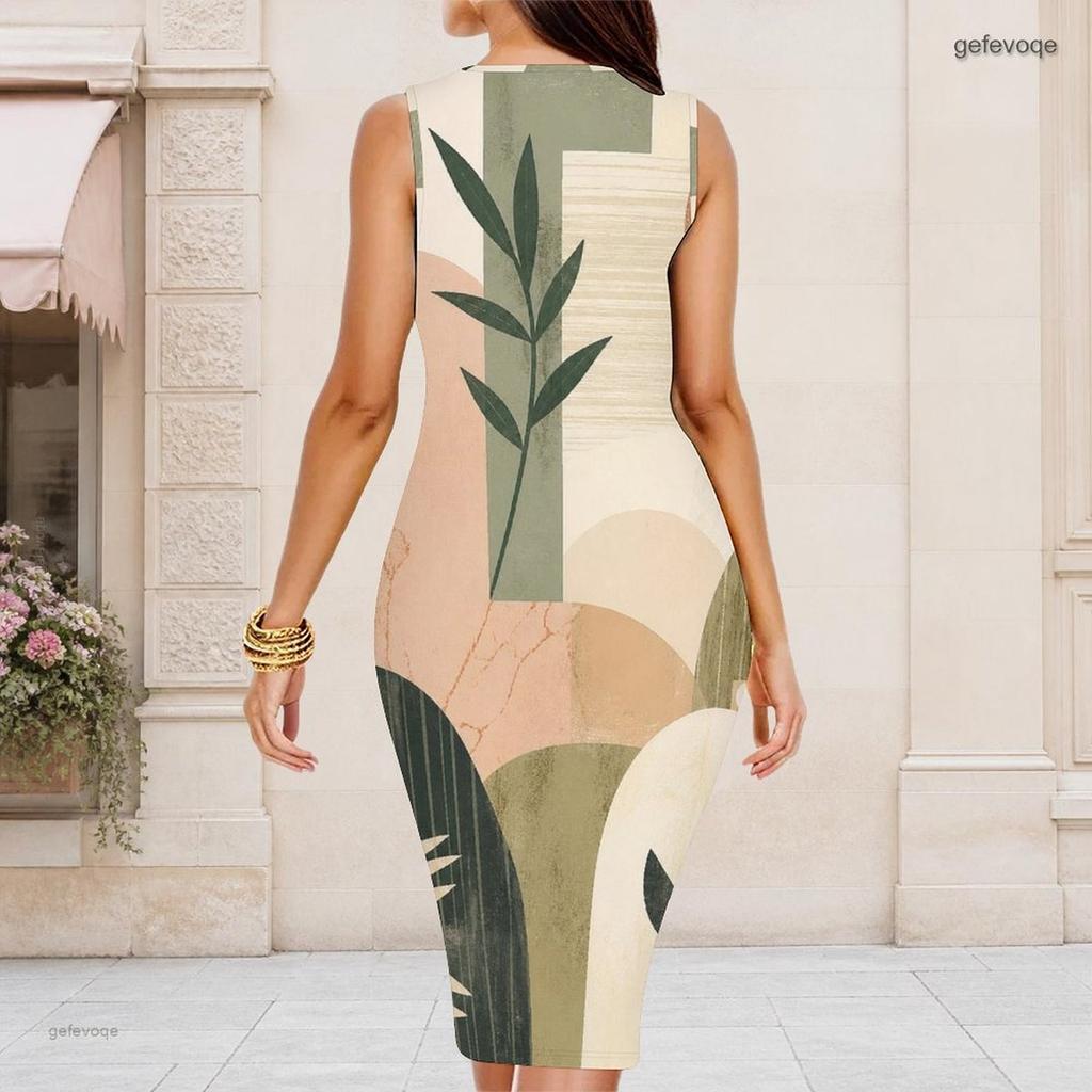 Women Plus Size Round Neck Sleeveless White Blue Printed Bodycon Midi Dress