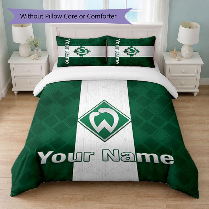 Set Biancheria da Letto Personalizzato Werder Bremen FC con Nome Testo 1 Copripiumino+2 Federe Logo Calcio Regalo Personalizzato per Occasioni Speciali Decorazione Camera da Letto