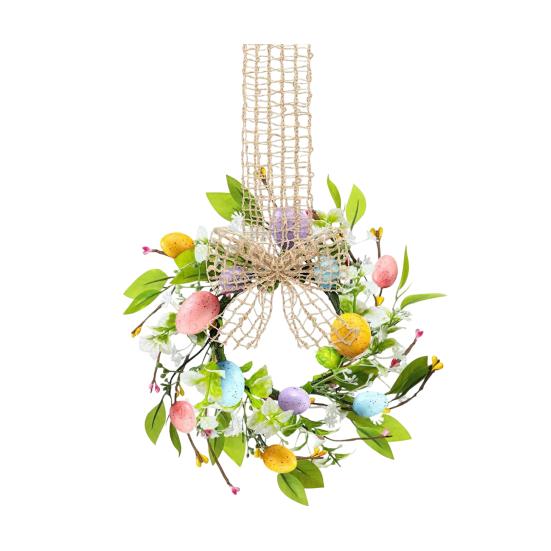 Small Easter Egg Wreath for Front Door Artificial Spring Colorful Eggs Wreath Farmhouse Hanging Kitchen Cabinet Wreath with Ribbon