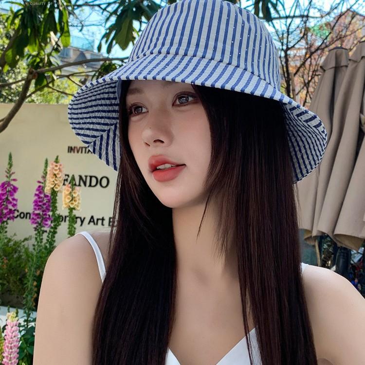 Spring and Autumn Water Diamond bucket hat Striped color matching hat Women's outdoor leisure bucket hat Shade basin hat