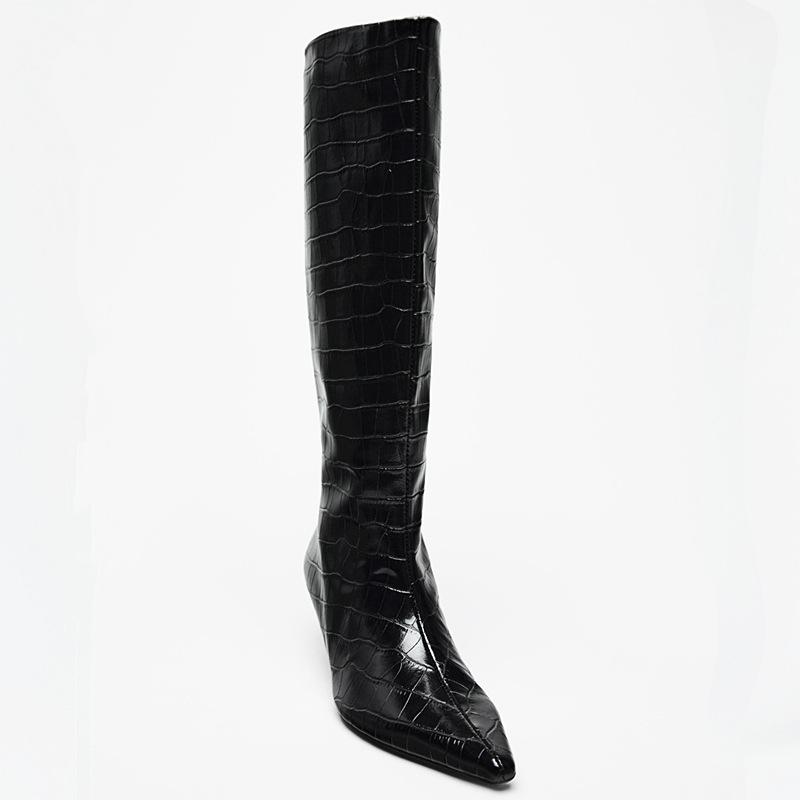 Women's Black Crocodile Embossed Knee High Boots Pointed Toe Kitten Heel Patent Leather Finish Stylish Party Daily Wear Footwear