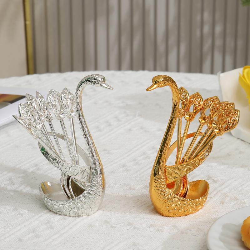 Elegant Metal Swan Spoon Set With Stand Tableware For Fruit Dessert Coffee Home Decoration Practical Cutlery Set For Daily