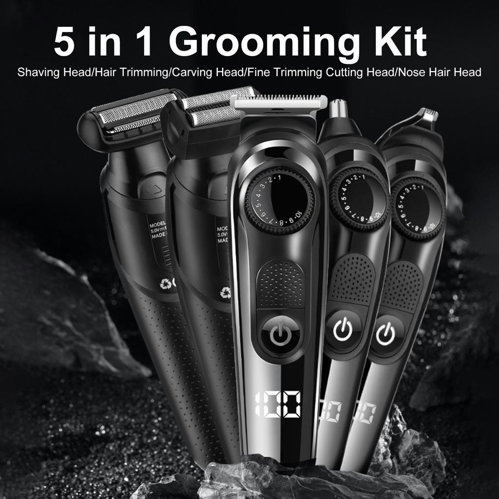5 in 1 Electric Hair Trimmer for Men, Cordless Rechargeable Whole Body Hair Trimming Machine with Digital Display, Suitable for Beard Nose Chest Shavi