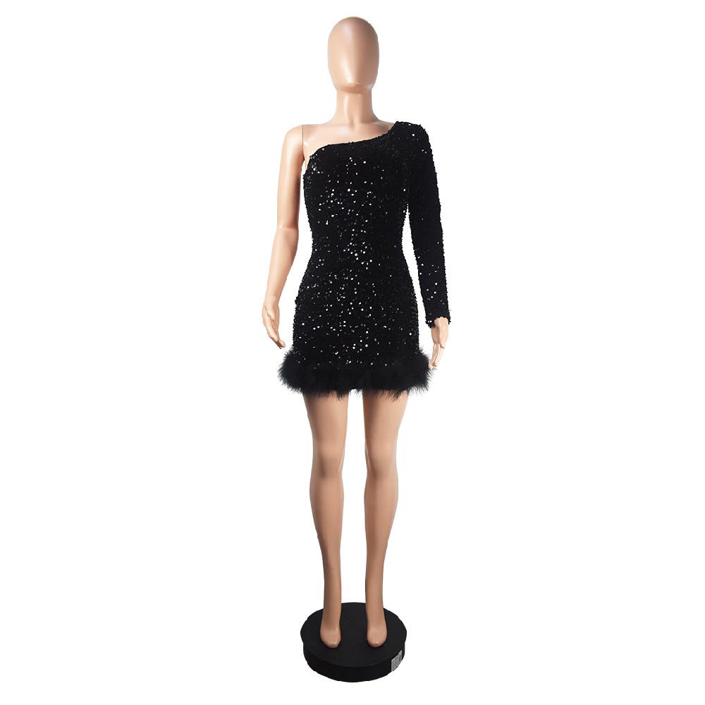 European & American Autumn/Winter Sequin Feather Dress with One-Shoulder Long Sleeve