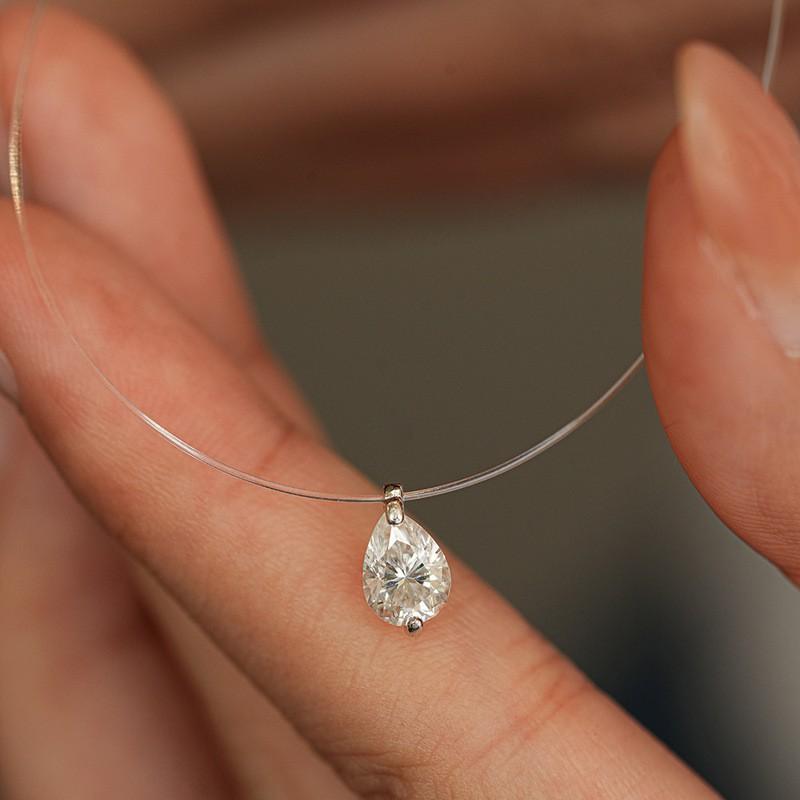 Clear Invisible Chain Necklace Women With Teardrop Moissanite Pendant Sterling Delicate 925 Sterling Silver