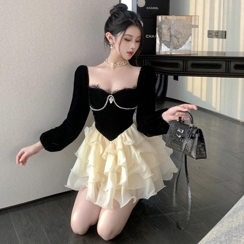 

Женское облегающее платье-торт из французского бархата с высокой талией L чёрный