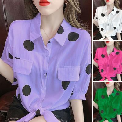 Camisa feminina lapela manga comprida camisa de peito único tops ajuste solto bolsos de aba falsa estampa de bolinhas