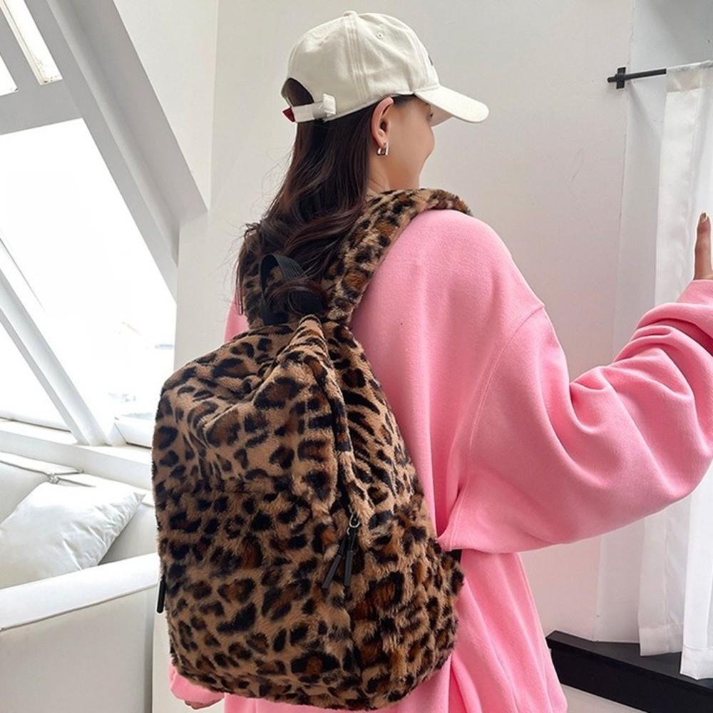 Plush Leopard Print Backpack Lightweight Students Daypack Wear Resistant Students School Bag  Daily