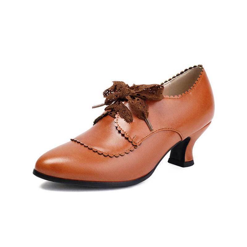 Spring Autumn PU Leather Shoes for Women Lace-up 5.5 Cm Middle Heels Shoes Woman Custom Retro Female Casual Shoes WSH5256
