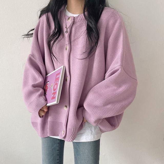 Long Sleeve Loose Knit Cardigan - Women's Versatile Retro Sweater, Round Neck, Lazy Style for Spring & Autumn
