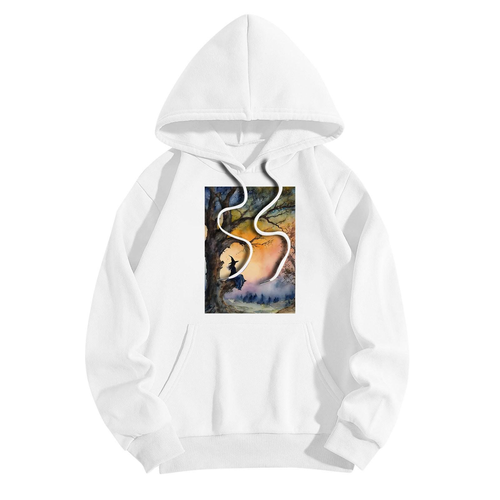 

Женская модная повседневная толстовка с капюшоном и принтом ведьмы на Хэллоуин с карманами и длинными рукавами L белый