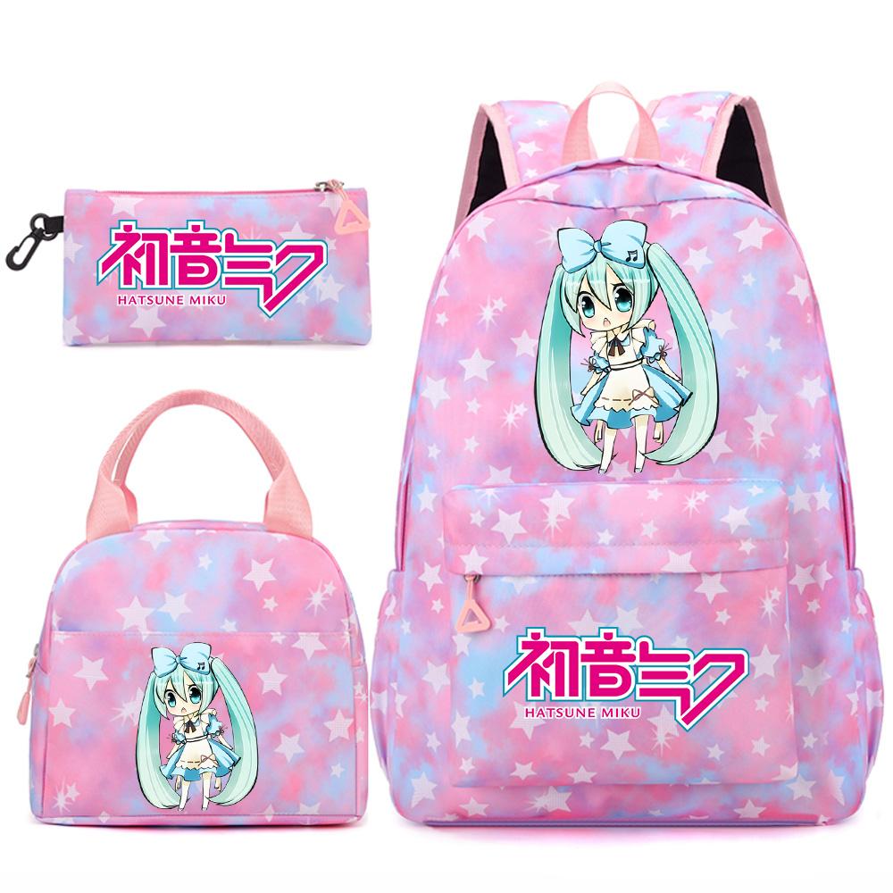 3 Stück/Set Anime Cartoon Hatsune Miku Bedruckter Rucksack Handtasche Federmäppchen für Teenager Schüler Mädchen Jungen Große Kapazität Wasserdicht Schultasche Reisetasche