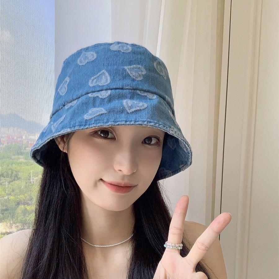 Love Heart Print Denim Bucket Hats for Women Korean Summer Panama Fisherman Caps Outdoor Travel Lady Sunscreen Basin Caps