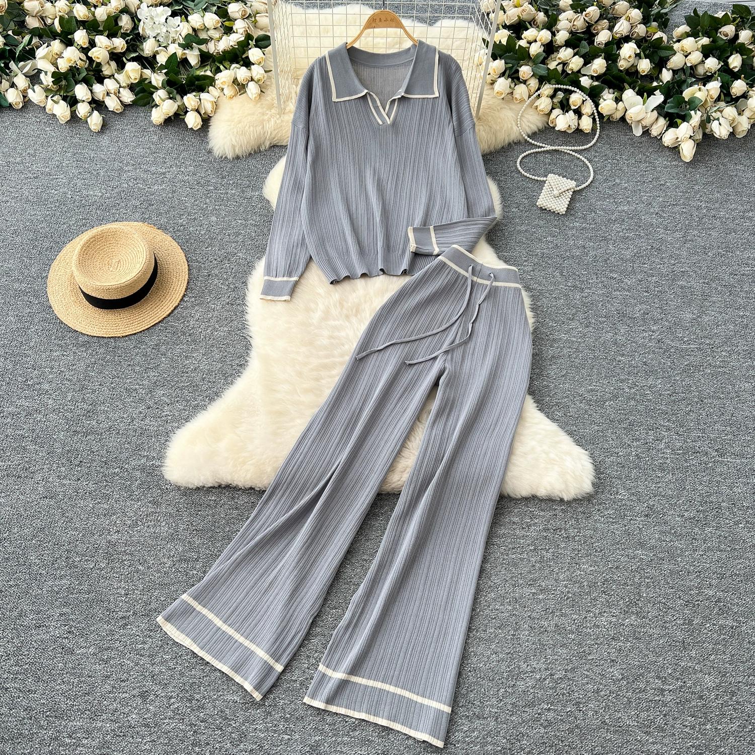 

Осенне-весенний трикотажный комплект из 2 предметов, женский отложной свитер и широкие брюки, женский свитер, спортивный костюм One Size серый