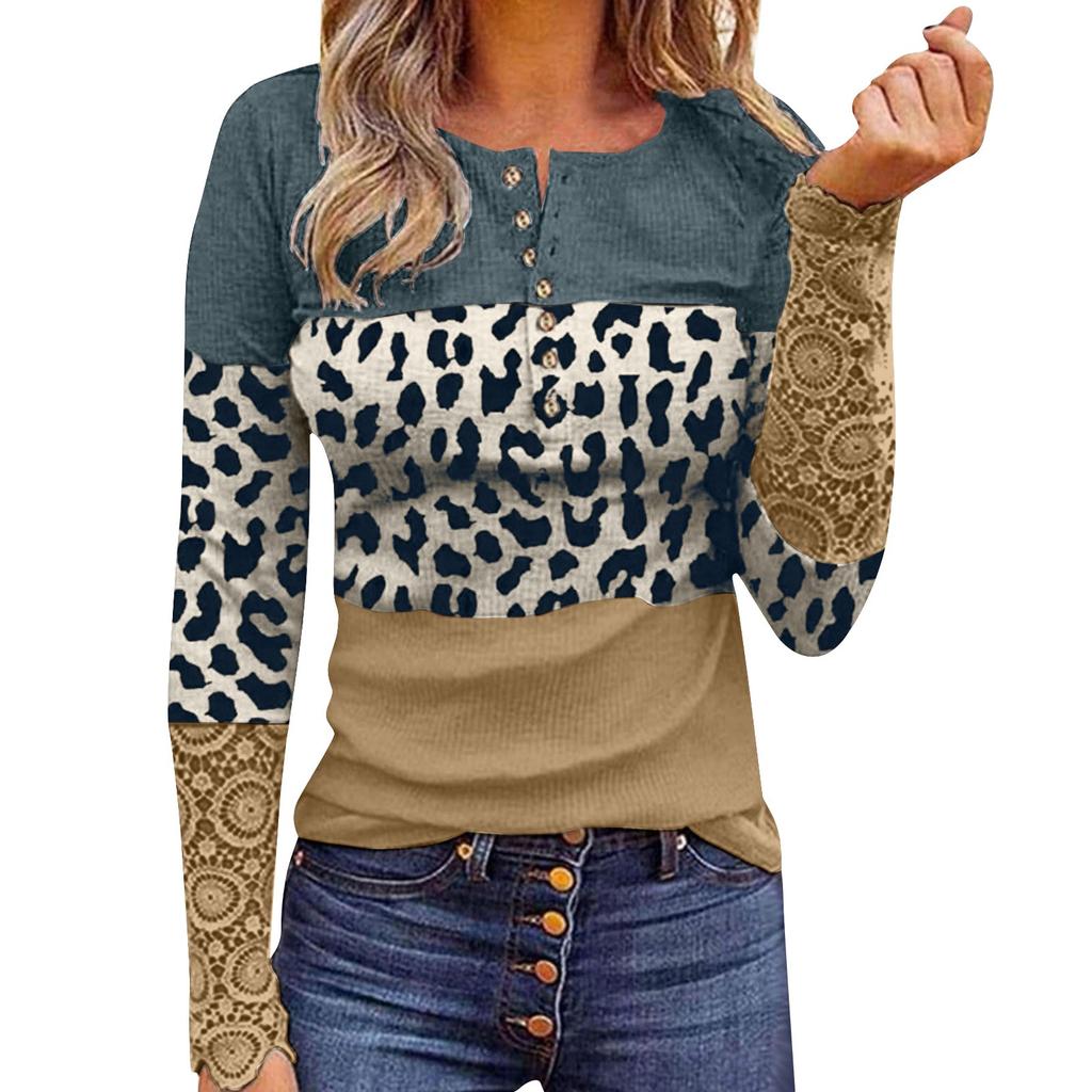 Women's Fashion Panelled Contrast Leopard Print Lace Long Sleeve Top