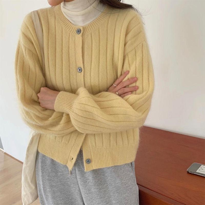 Vertical Stripes Thin Lantern Sleeves Knitted Cardigan Jacket Women's Crew Neck Top Loose Lazy Sweater