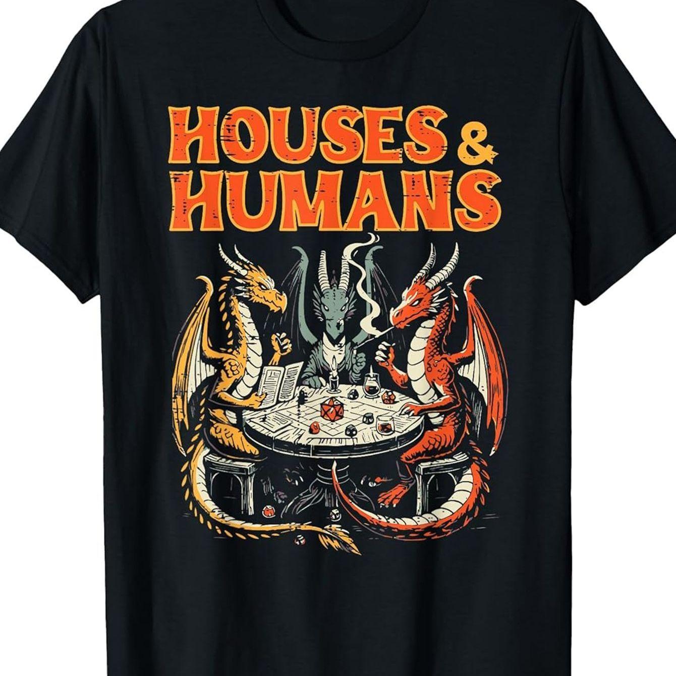 Mens  Boys Houses  Humans RPG Parody Gaming TShirt  Funny Dungeons  Dragons Inspired Design with Dragon  Dungeon S