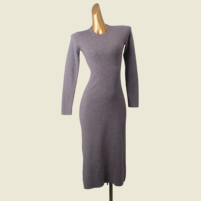 Minimalist Fall and Winter Base Dress Fashion Wind Round Neck Long Sleeves Waist Hip Knitwear Dress