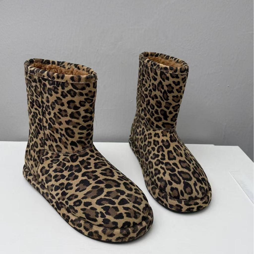 Cowhide version! Snow boots women's 2025 newable Spice Girl wind leopard print round head not tired feet warm flat cotton boots