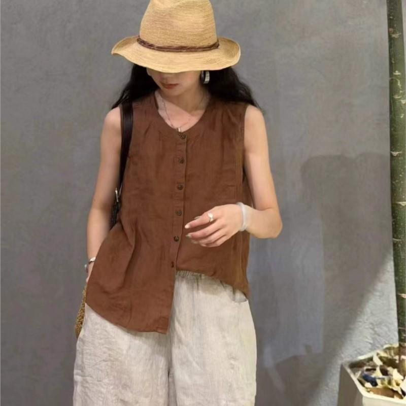 Johnature Retro Artistic Sleeveless Shirt For Women Summer Loose Casual Versatile Tops For Women