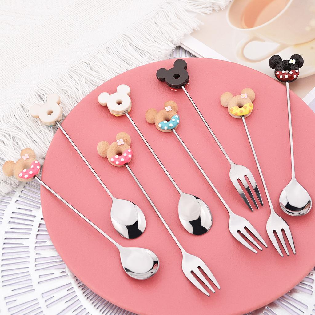 Cute Donut Mickey Ear Dessert Cutlery Set 2Pcs, Stainless Steel Long Handle Dessert Fork & Spoon for Cake Ice Cream Coffee, Kawaii Tableware Gift