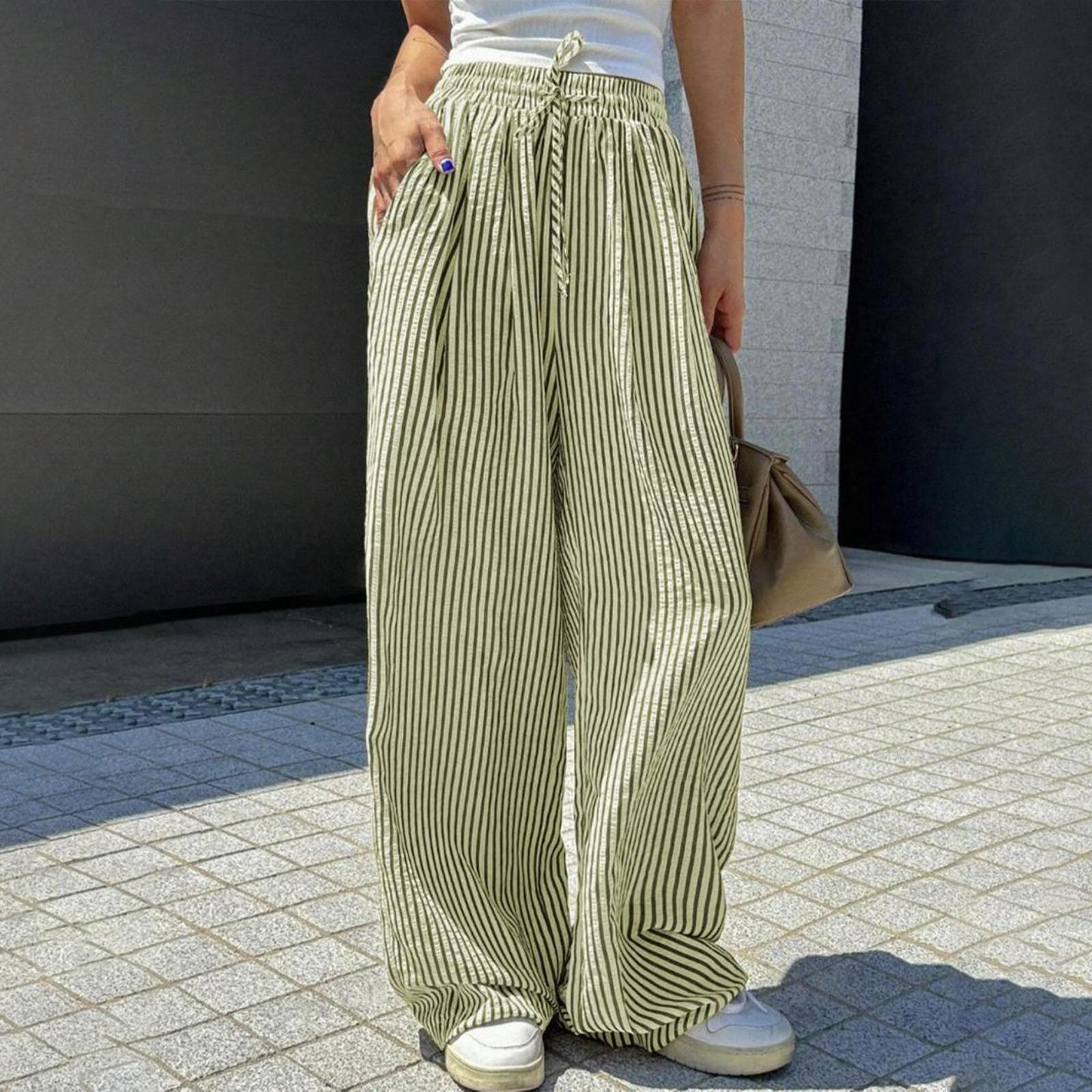 Women s Striped Casual Straight-Leg High-Waisted Loose Trousers M