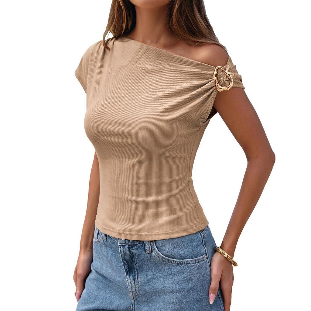 Women's Casual Fashion T-shirt, Slim-fitting, Asymmetric, Off-shoulder, Metal Button Top
