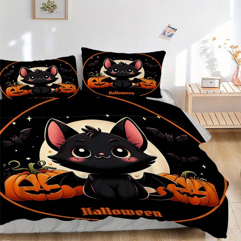 3pcs Halloween Adorable Cat Bedding Set - 1 Soft Quilt Cover + 2 Pillowcases, Machine Washable - Suitable