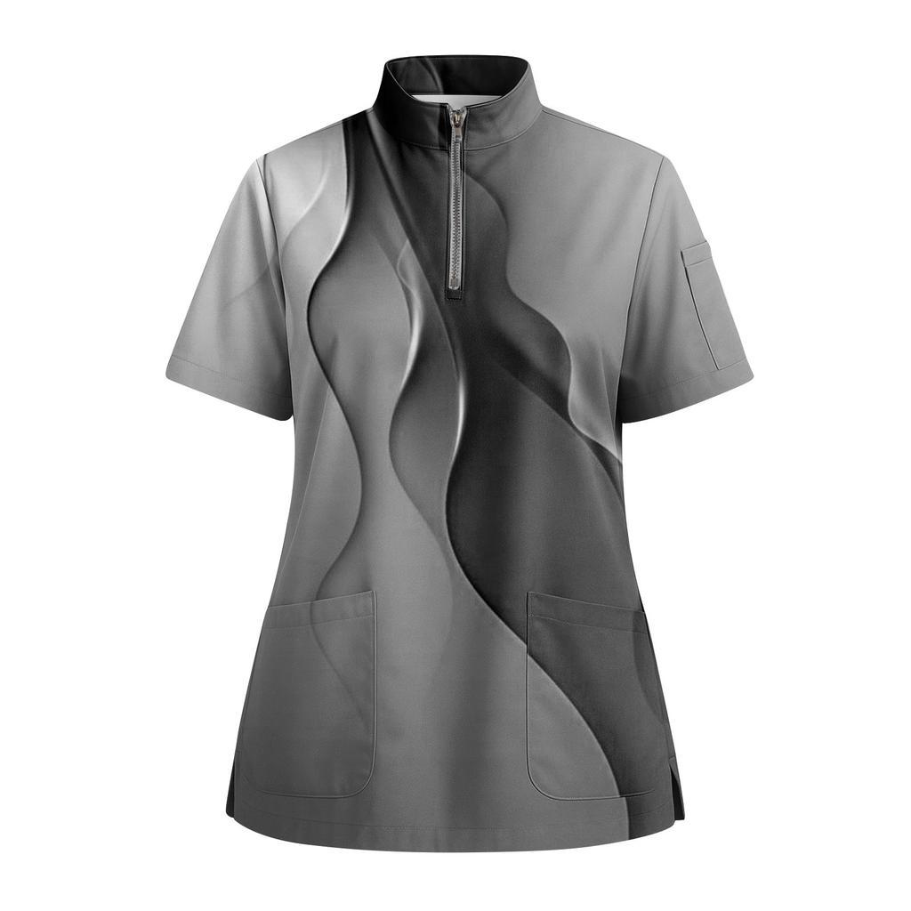 Women's Short Sleeved Printed V-neck Buttonable Side Slit Top T-shirt