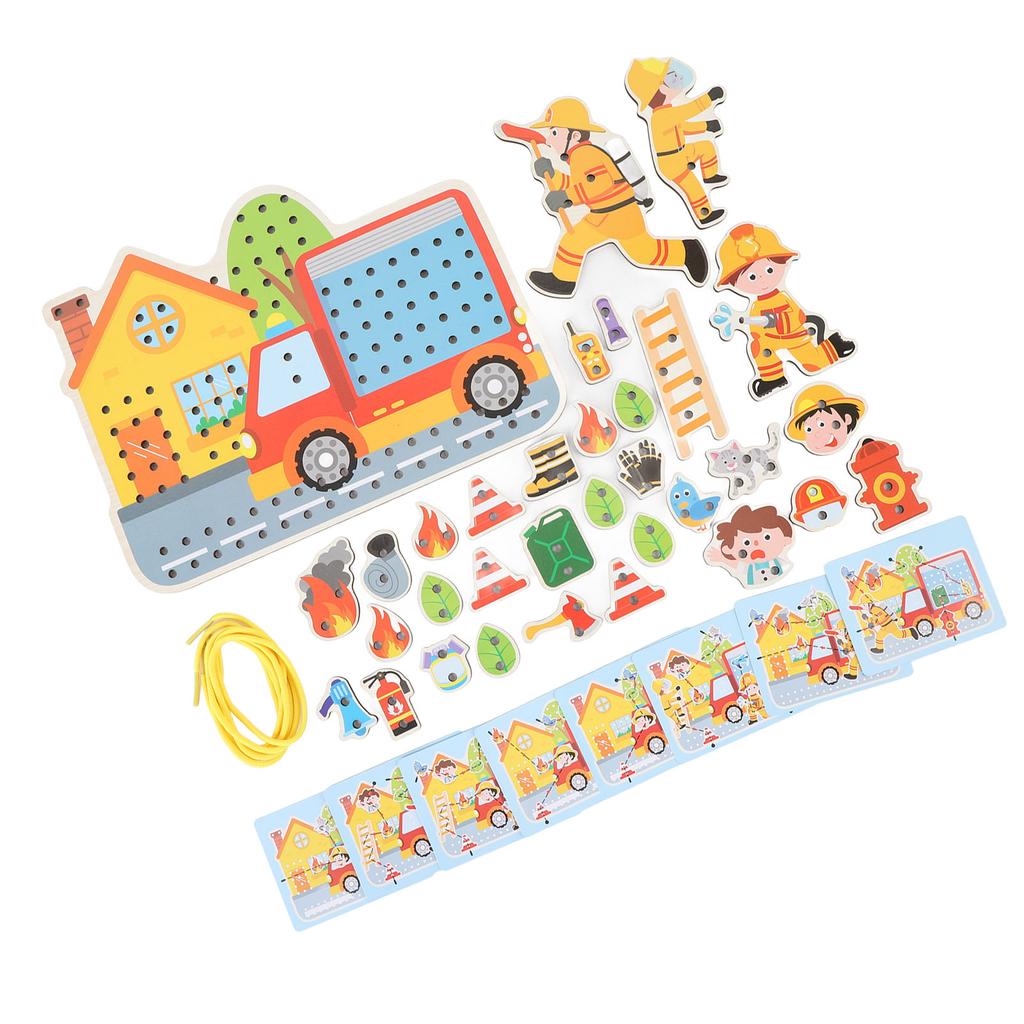 Fire Scene Wooden Lacing Figures Educational Early Learning Wooden Stringing Toy for Kids