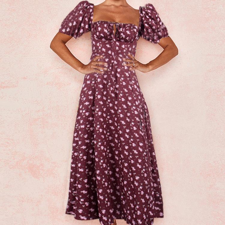 Sexy Vestido de Club de Manga Corta Abullonada con Estampado Floral Elegante Vestido Largo de Fiesta con Abertura Alta con Cordones para Mujer Dulce Vestido de Verano