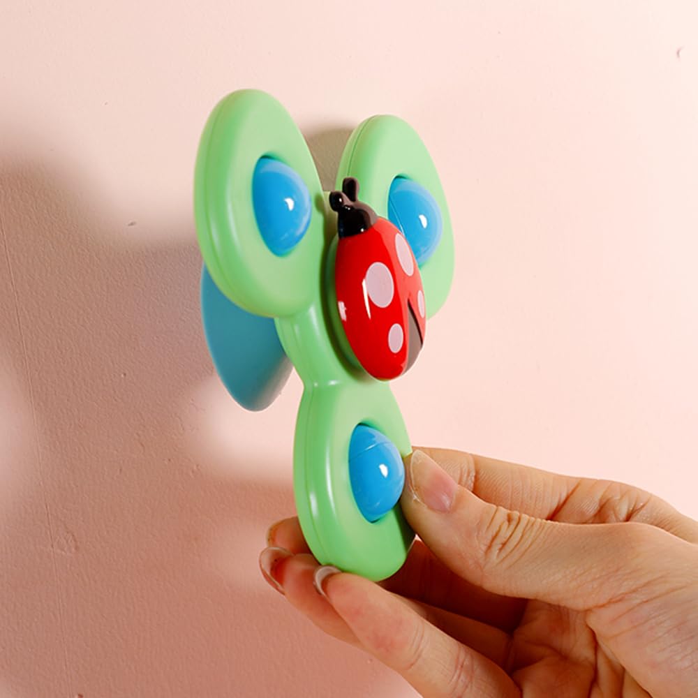 Set of 3 Cute Cartoon Spinning Pinwheels Stress Relief Finger Stackable Pool Spinning Toys Suction Cup - Fans, Toys, Cups, (Insect Spinners)