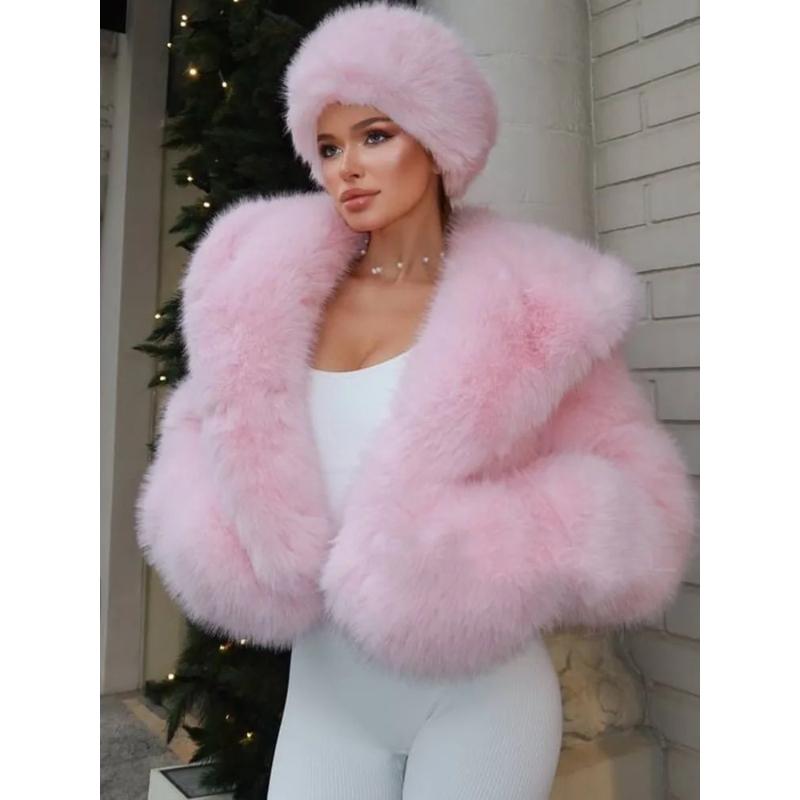 Y2k Winter Pink Imitation Fur Coat Elegant Big Fur Trim Hood Women's Jacket Warm Plush Cropped Sweet Lady Faux Fur Coat  2026