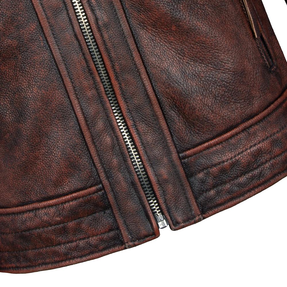 Men's Leather Jacket Vintage Red Brown Real Cow Leather CoatTurn Down Collar Spring Autumn