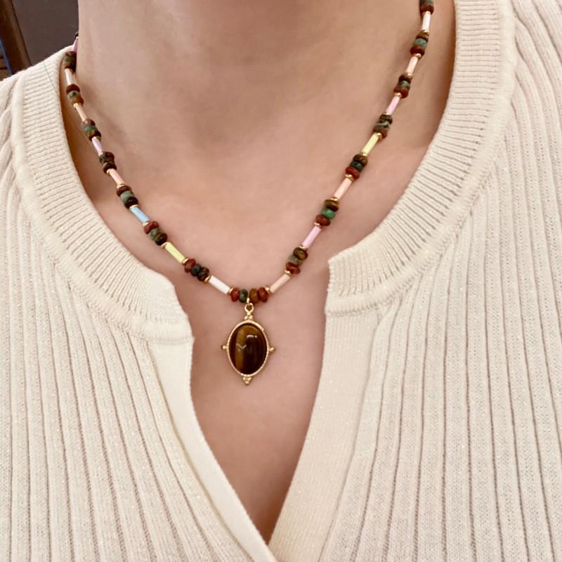 Retro Tigerauge Oval Perlen Choker Halskette mit hochwertigem Naturstein Kristall.