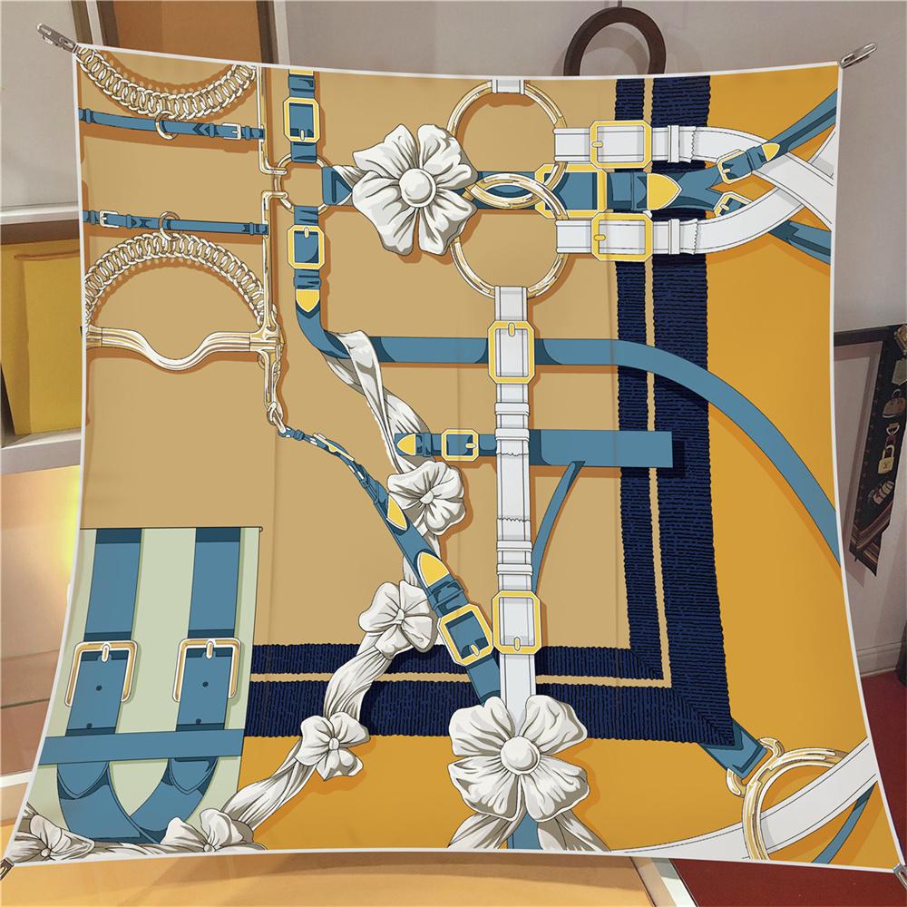 Silk Scarf Women Flowers Belt Print Square Scarves Head Echarpes Silk Foulards Femme Wraps Beach Shawls Bandana Lady Hijabs 90CM