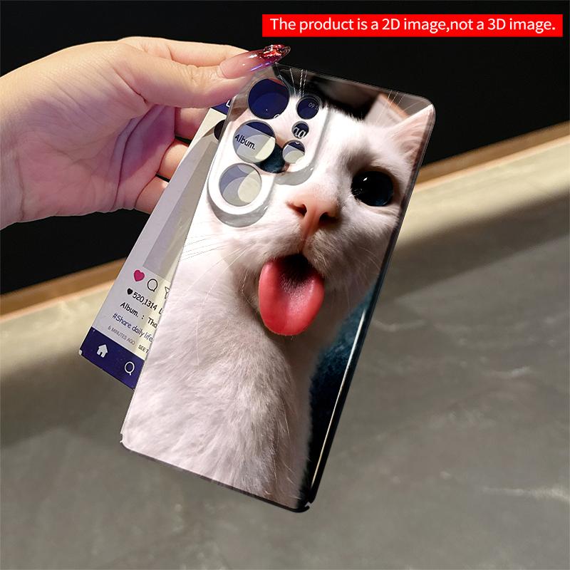 2DFlat Samsung Phone Case White Cat with Blue Eyes and Tongue Out Applicable To Galaxy S23 S24 S25ULTRA S26 A12 A14 A15 A16 A54 A55