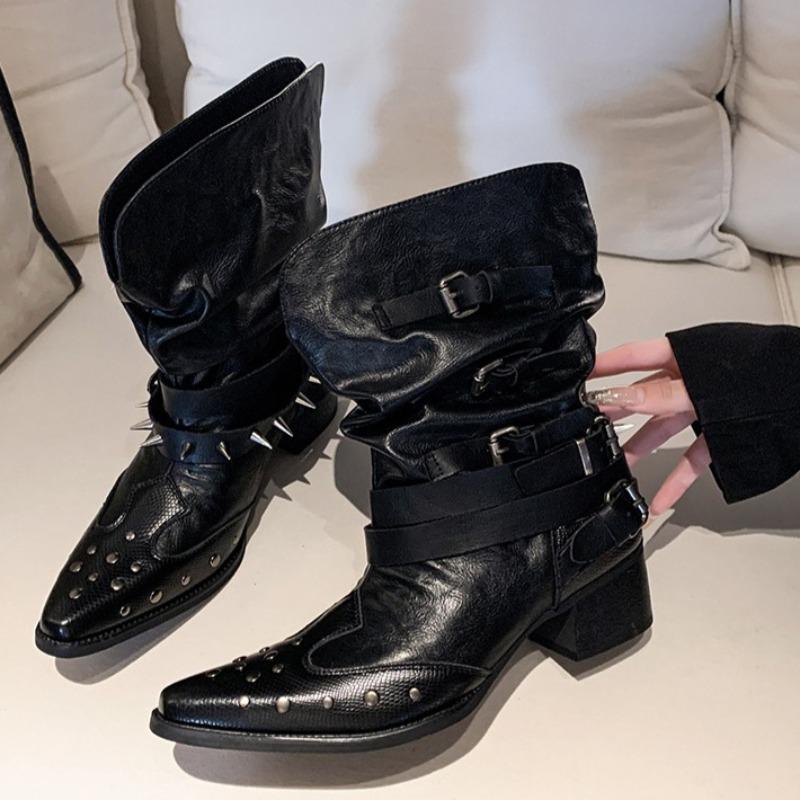 Pleated Short-thigh Boots Women's Autumn New Pointed Toe Studded Metal Buckle Sleeve Non-slip Block Heel Kitten Shoes