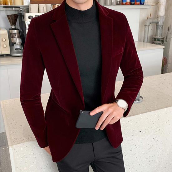 Spring Men Blazer Solid Color Turndown Collar Long Sleeve Slim Fit Single Button Velvet Suit Coat Streetwear