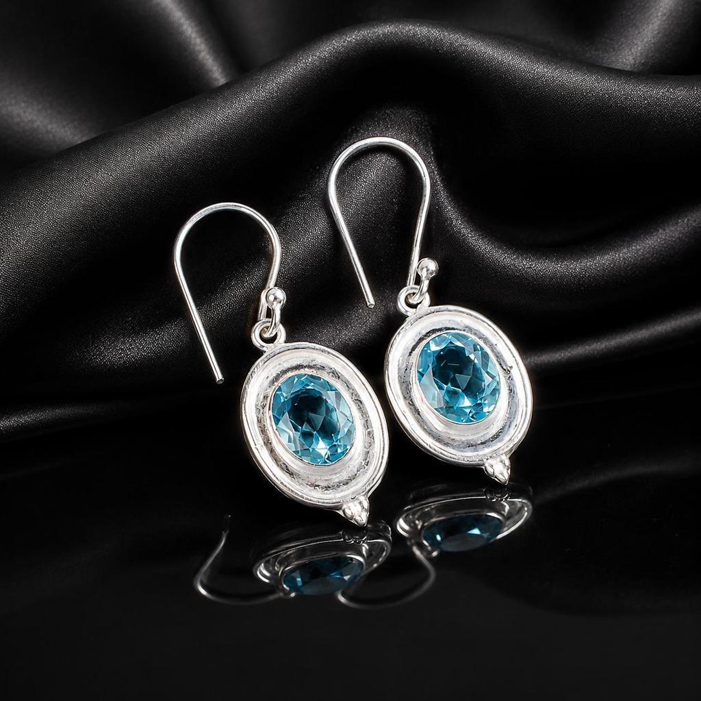 Natural Sky Blue Topaz Gemstone 925 Solid Silver Handmade Jewelry Hook Earrings 1.50" Anniversary Gift EE-1-4