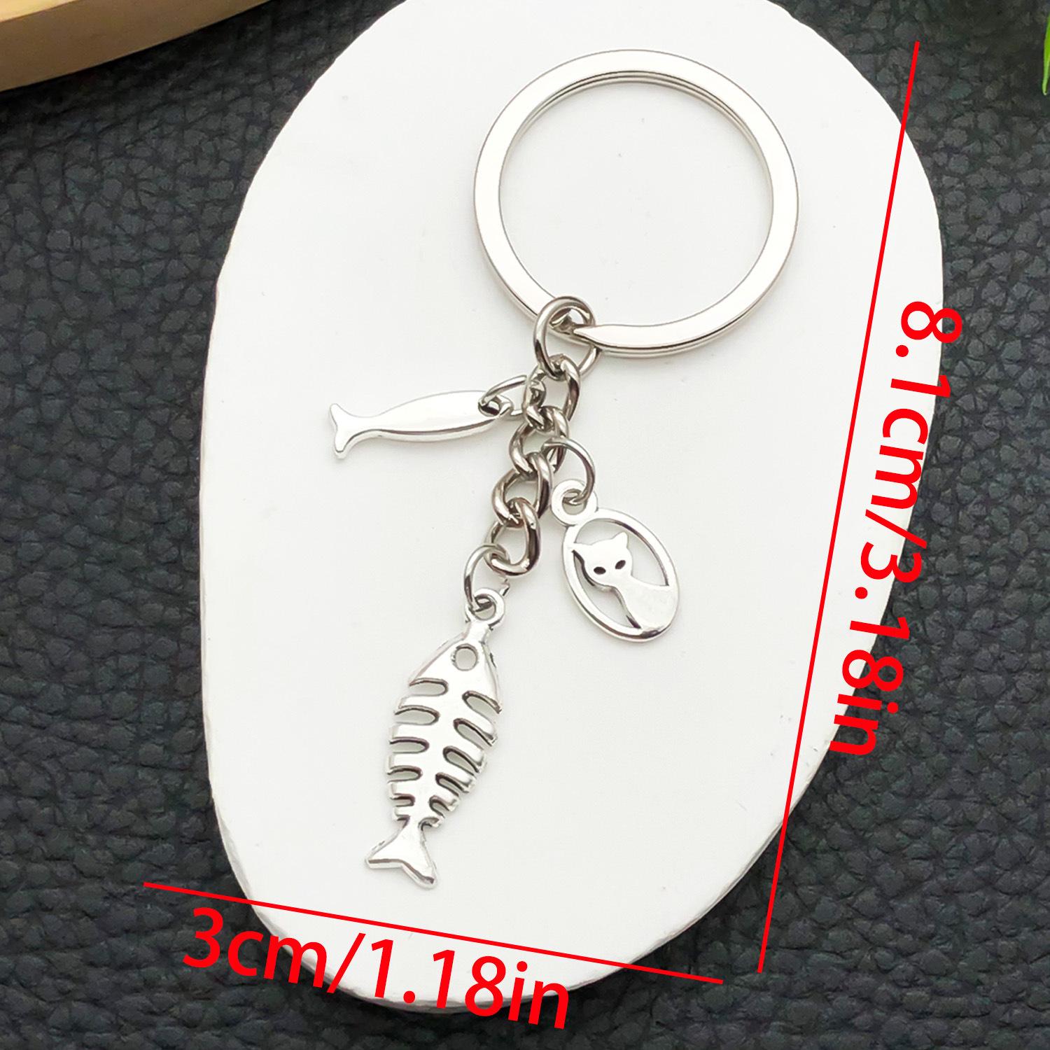 Creative Antique Silver Cat Eating Fish Keychain Pendant Ornament Gift