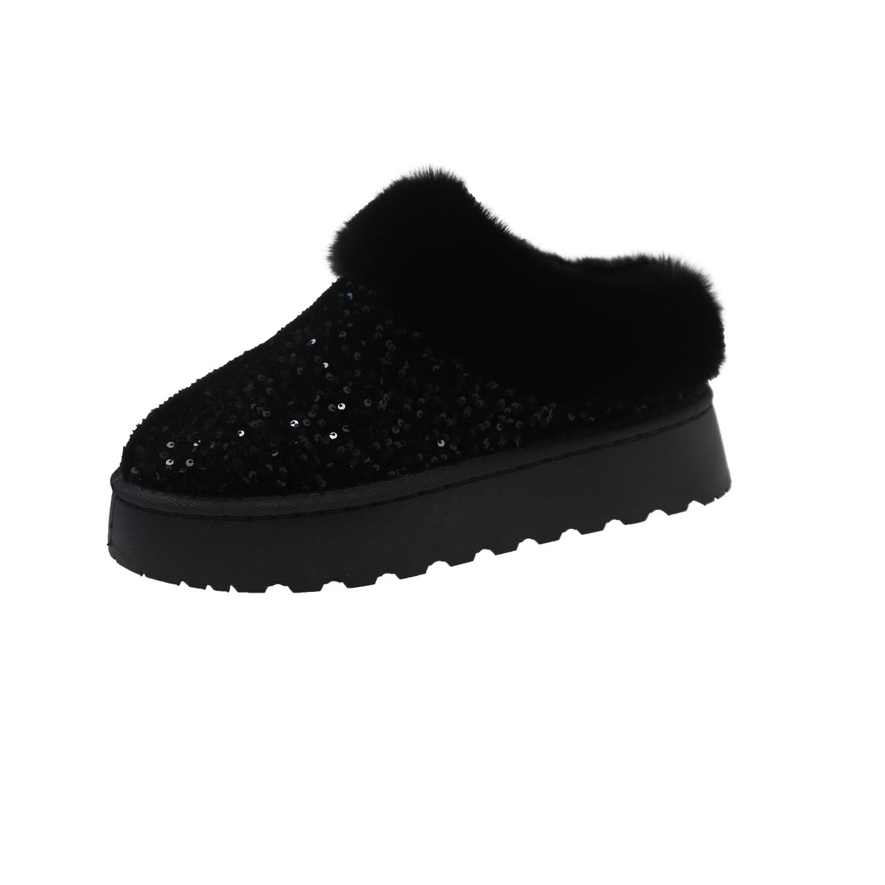 

Winter New Round Toe Deep Mouth Sequin Wool Warm Non-Slip Wear-Resistant Flat Slippers 43 чёрный